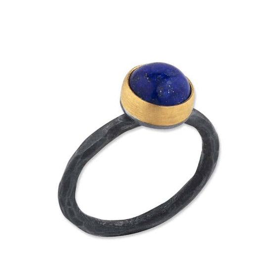 "Priya" Round Lapis Lazuli Ring in 24K Yellow Gold and Oxidized Sterling Silver