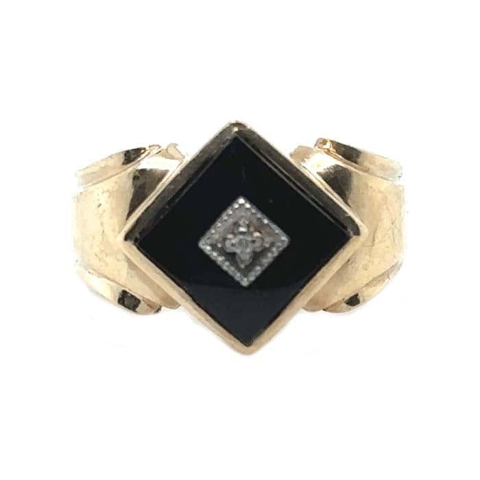 Load image into Gallery viewer, Estate Black Onyx and Diamond Ring in 10K Yellow Gold

