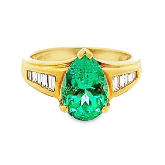 Estate Pear Cut Emerald and Baguette Diamond Ring in 18K Yellow Gold
