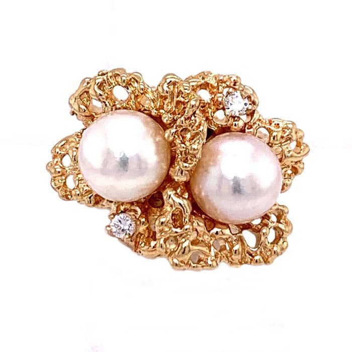 Estate Pearl Ring with Diamonds in 14K Yellow Gold