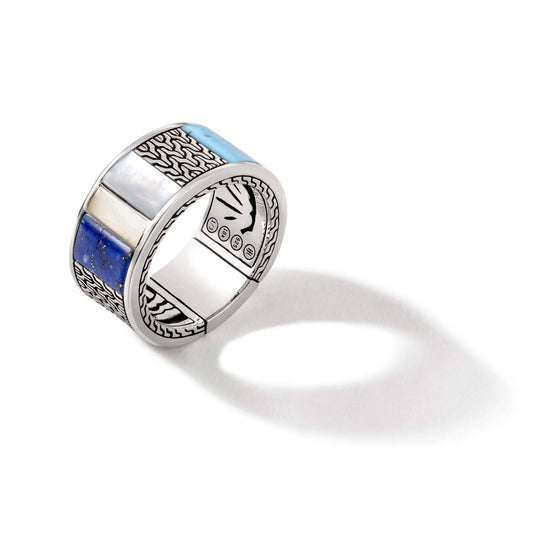 John Hardy Turquoise, Lapis and Mother of Pearl Carved Chain Inlay Band Ring in Sterling Silver and 18K Yellow Gold