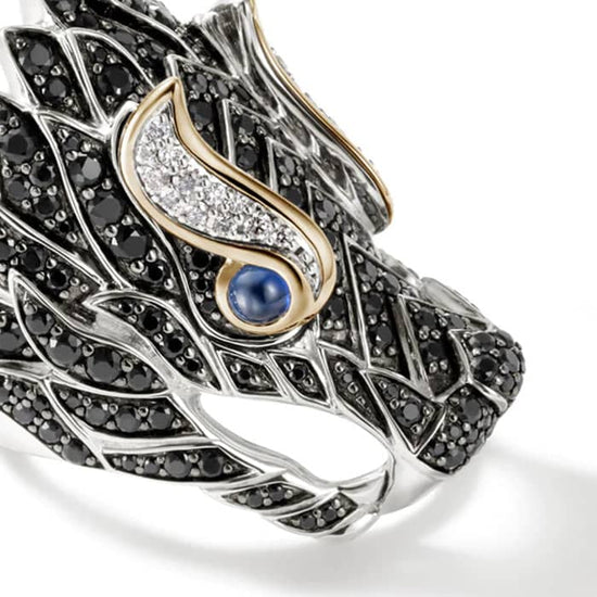John Hardy Naga Saddle Ring with Diamonds, Black Sapphires and Black Spinel in Sterling Silver and 18K Yellow Gold