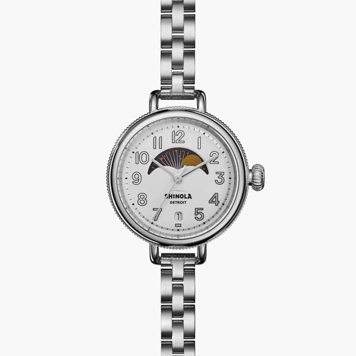 Shinola 34mm "The Birdy" Moon Phase Watch with Silver Dial in Stainless Steel
