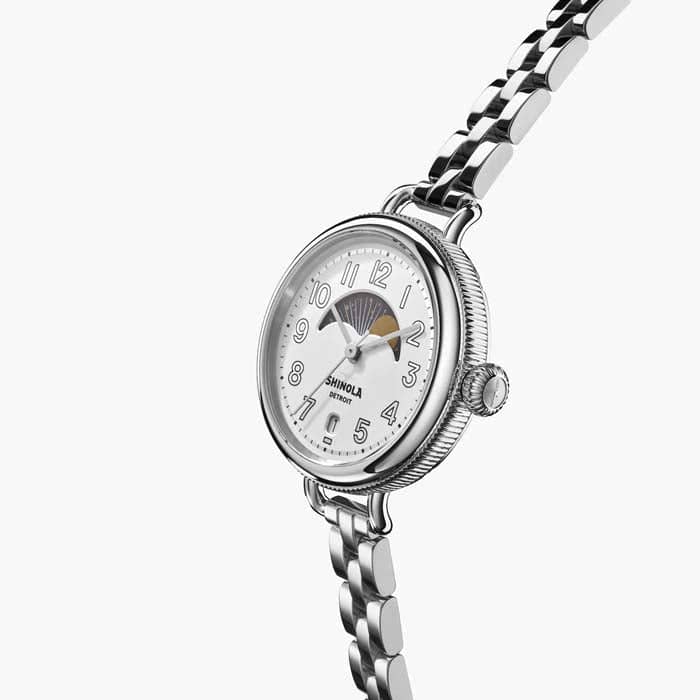 Load image into Gallery viewer, Shinola 34mm &amp;quot;The Birdy&amp;quot; Moon Phase Watch with Silver Dial in Stainless Steel
