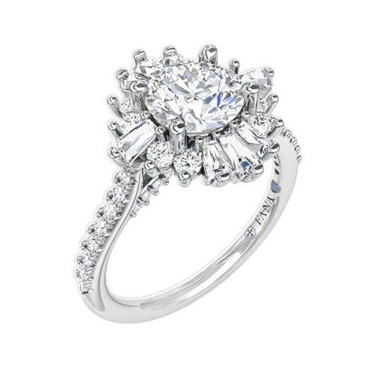 Fana .92CTW Tapered Baguette and Round Diamond Halo Semi Mount Engagement Ring in 14K White Gold