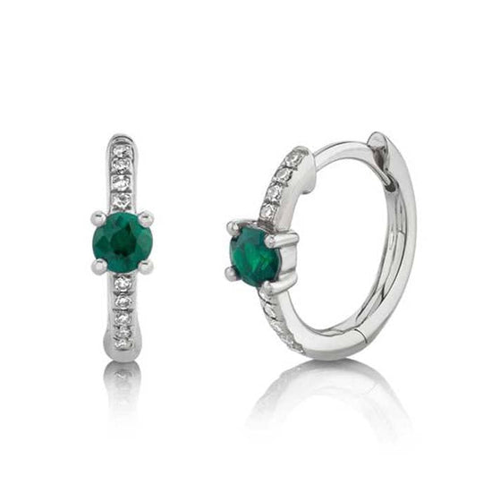 Load image into Gallery viewer, Shy Creation Emerald and Diamond Huggie Earrings in 14K White Gold
