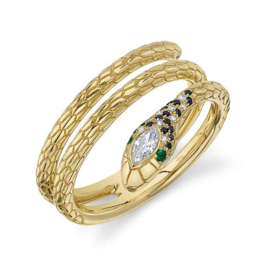 Shy Creation Black and White Diamond Snake Ring with Emerald Eyes in 14K Yellow Gold