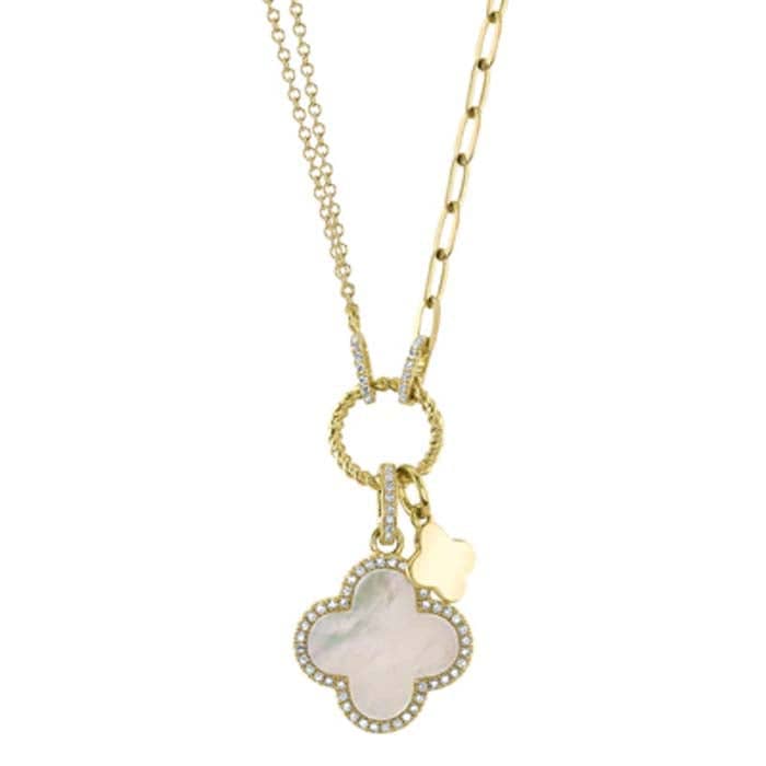 Shy Creation Mother of Pearl and Diamond Clover Paperclip Link Necklace in 14K Yellow Gold