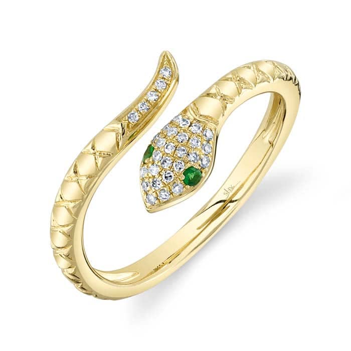 Load image into Gallery viewer, Shy Creation Diamond and Tsavorite Garnet Snake Ring in 14K Yellow Gold

