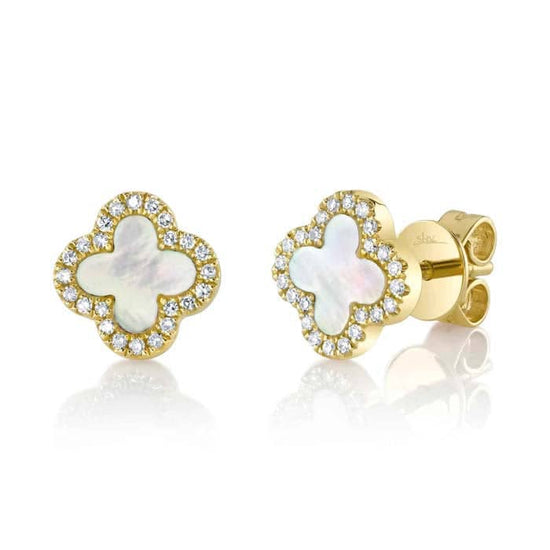 Load image into Gallery viewer, Shy Creation Mother of Pearl and Diamond Clover Stud Earrings in 14K Yellow Gold

