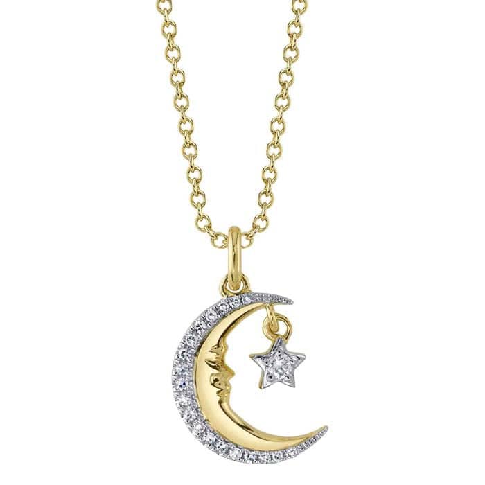 Shy Creation Diamond Crescent Moon and Star Pendant in 14K Yellow and White Gold