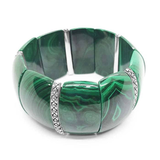 Stephen Dweck 36mm Malachite Cushion Stretch Bracelet with Flower Engraved Sterling Silver Spacers