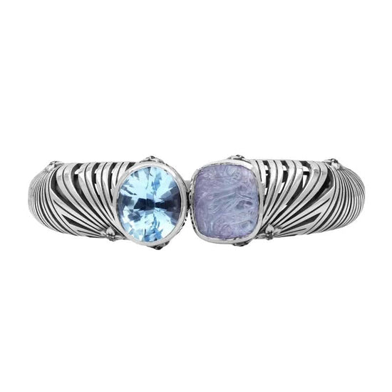 Load image into Gallery viewer, Stephen Dweck Carventurous Sunray Hinged Bangle with Faceted Blue Topaz and Triplet of Natural Quartz Mother Of Pearl And Green Agate In Sterling Silver
