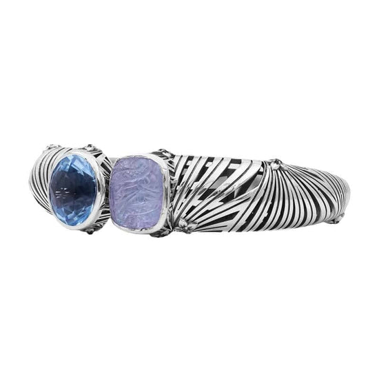 Load image into Gallery viewer, Stephen Dweck Carventurous Sunray Hinged Bangle with Faceted Blue Topaz and Triplet of Natural Quartz Mother Of Pearl And Green Agate In Sterling Silver
