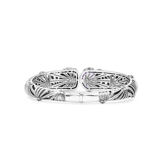 Stephen Dweck Carventurous Hinged Bangle with Faceted Amethyst and Triplet of Hand Carved Natural Quartz, Mother Of Pearl And Amethyst In Sterling Silver