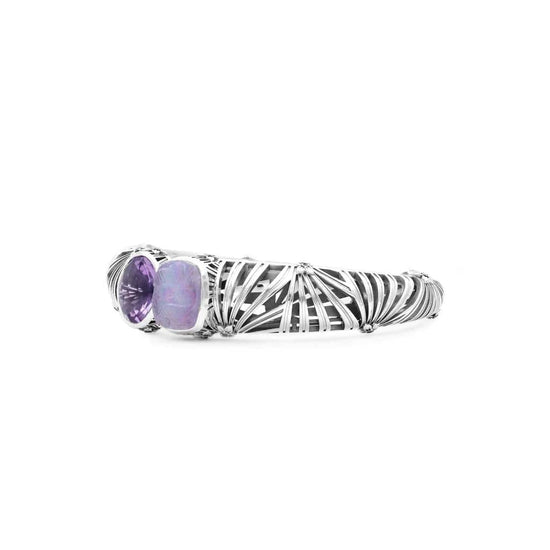 Stephen Dweck Carventurous Hinged Bangle with Faceted Amethyst and Triplet of Hand Carved Natural Quartz, Mother Of Pearl And Amethyst In Sterling Silver