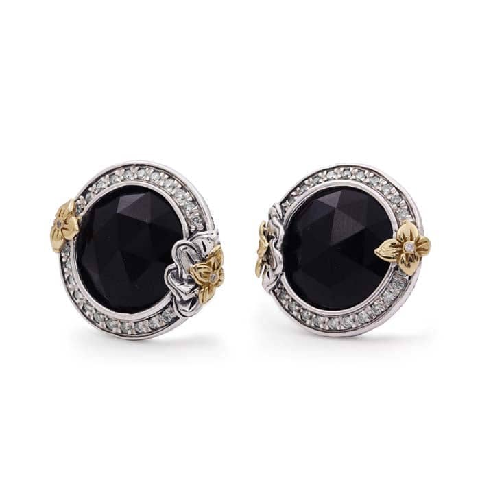 Stephen Dweck Faceted Black Onyx Clip-On Earrings with Diamonds in Sterling Silver and 18K Yellow Gold
