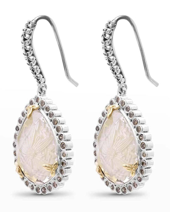 Stephen Dweck Carventurous Earrings with Internally Carved Natural Quartz and Champagne Diamonds In Sterling Silver and 18K Yellow Gold