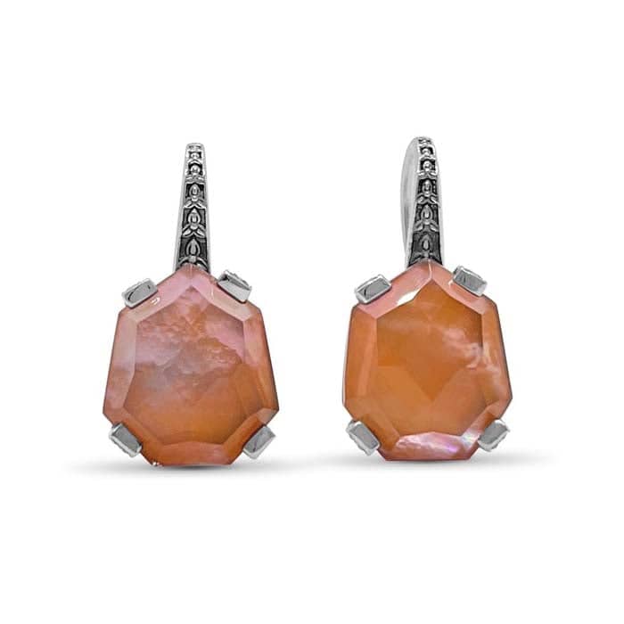 Stephen Dweck Galactical Earrings with Smokey Quartz over Mother-of-Pearl and Red Agate in Engraved Sterling Silver