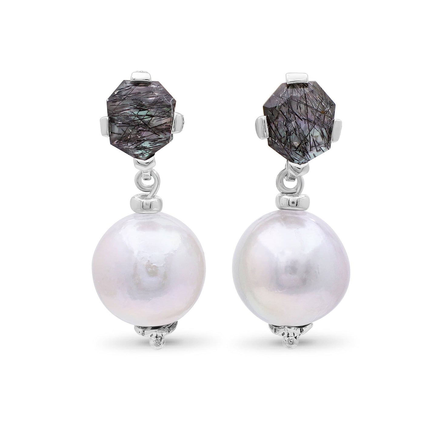 Load image into Gallery viewer, Stephen Dweck Galactical Freeform Rutilated Quartz and Silver Baroque Pearl Drop Earrings in Sterling Silver

