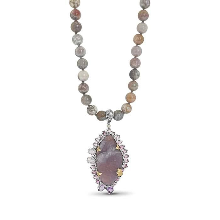 Stephen Dweck Hand-Carved Yttrium Fluoite Pendant with Diamond and Multiple Gems in Sterling Silver and 18K Yellow Gold