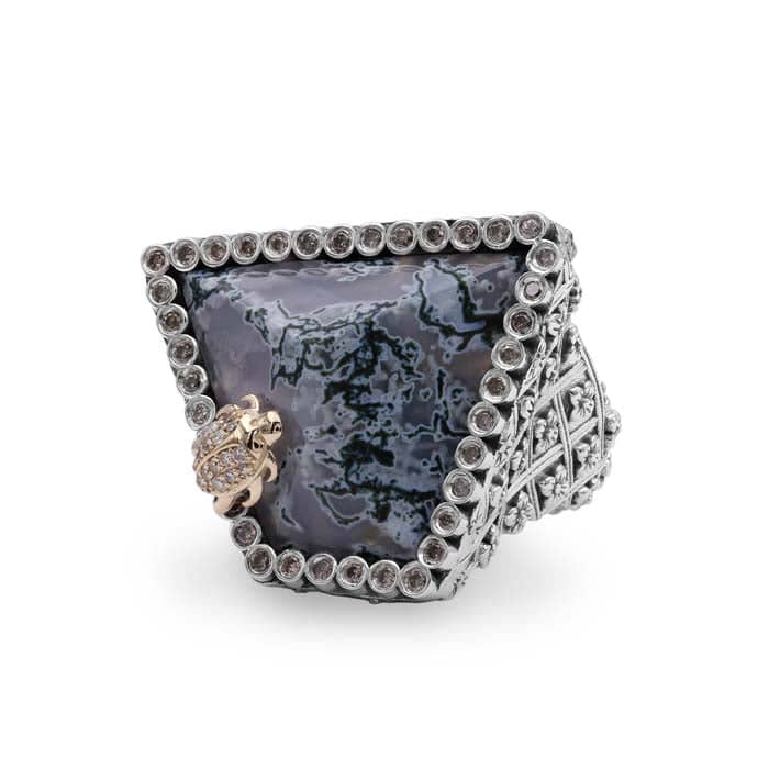 Load image into Gallery viewer, Stephen Dweck Moss Agate and Diamond Ring in Sterling Silver and 18K Yellow Gold
