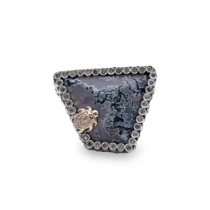 Stephen Dweck Moss Agate and Diamond Ring in Sterling Silver and 18K Yellow Gold