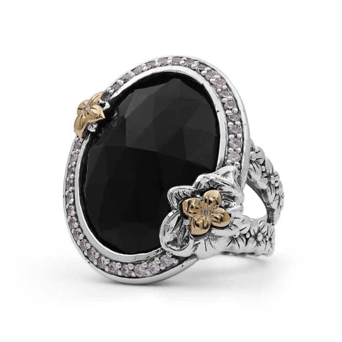 Load image into Gallery viewer, Stephen Dweck Faceted Black Onyx Ring with Diamonds in Sterling Silver and 18K Yellow Gold
