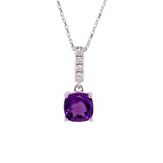 Mountz Collection Cushion Checkerboard Faceted Amethyst and Diamond Drop Pendant in 14K White Gold
