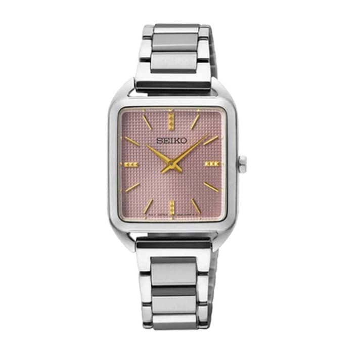 Seiko 26MM Essentials Mauve Pink Dial Square Quartz Watch in Stainless Steel