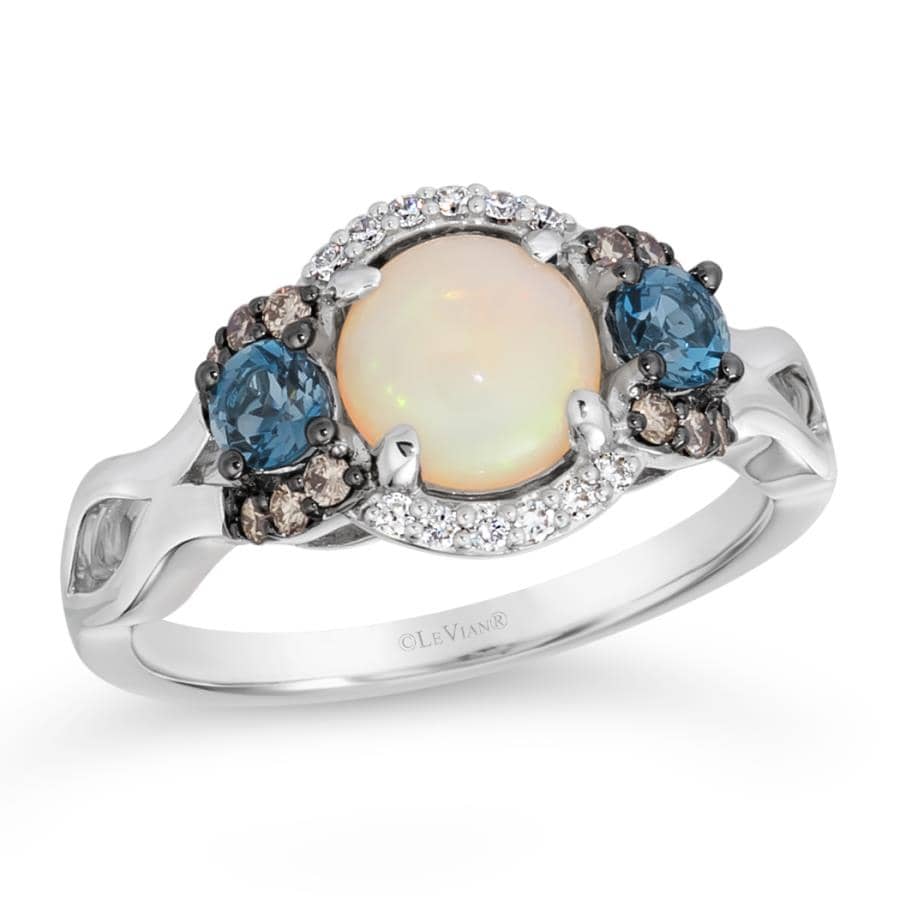 Load image into Gallery viewer, Le Vian Ring featuring Neopolitan Opal and Deep Sea Blue Topaz with Vanilla and Chocolate Diamonds in 14K Vanilla Gold
