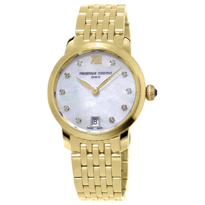 Frederique Constant 30mm Slimline Ladies Quartz Watch with Mother of Pearl and Diamond Dial in Yellow Gold Plate