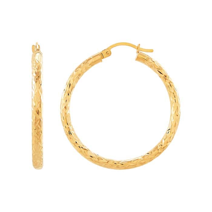 Load image into Gallery viewer, Mountz Collection Diamond Cut 3mm x 35mm Round Tube Hoop Earrings in 14K Yellow Gold
