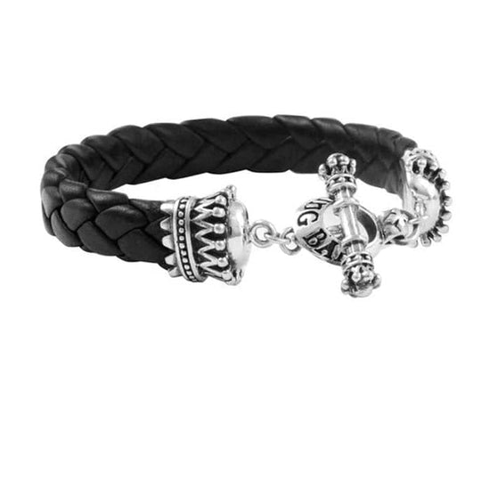 Load image into Gallery viewer, King Baby Small Black Leather Bracelet With Crown and Toggle in Sterling Silver
